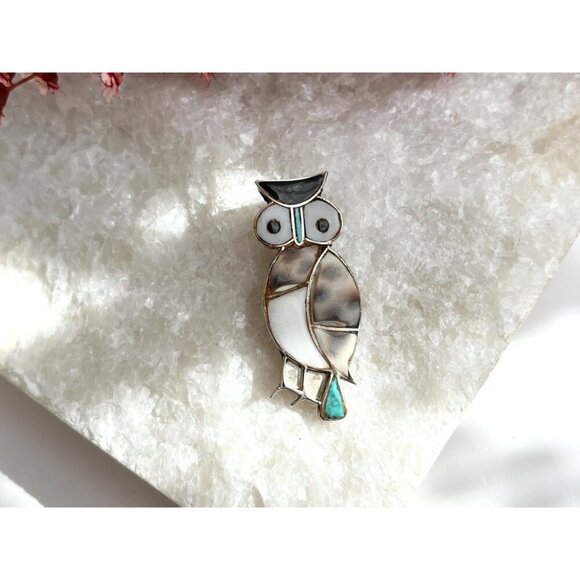 Multistone Vintage Southwest Native American Owl Figural Sterling Silver Brooch - Picture 9 of 9